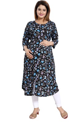 mamma's maternity Women Printed Frontslit Kurta(Black)