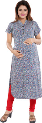 mamma's maternity Women Printed Straight Kurta(Blue)