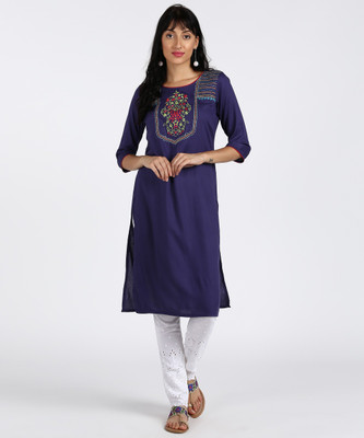 Aurelia Women Embroidered Straight Kurta(Dark Blue)