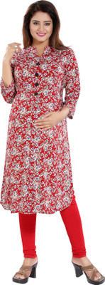 mamma's maternity Women Printed Straight Kurta(Red)