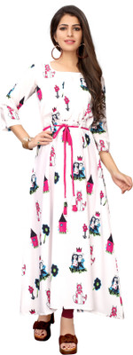 TexStile Women Printed Flared Kurta(White)
