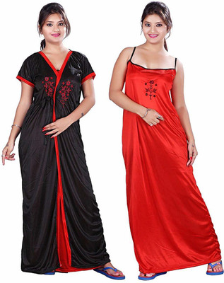 Ajira Women Nighty with Robe(Red, Black)