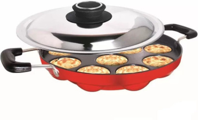 CIMORA CREW4 Non-Stick 12 Cavity Appam Patra Side Handle with lid, Color Red Paniarakkal with Lid 0.26 L capacity 24.5 cm diameter(Aluminium, Non-stick)