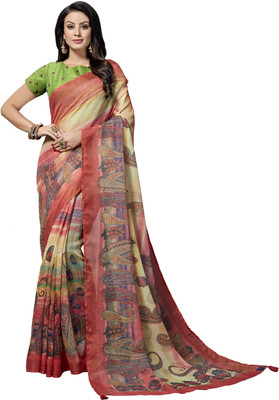Shaily Retails Printed Bollywood Linen Saree(Pink)