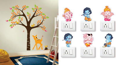 Walltech 10 cm elegant orange deer and tree Ganesh and Friends Switch Board Sticker Self Adhesive Sticker(Pack of 2)
