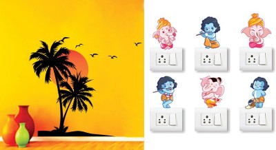 Walltech 10 cm beach with sunset Ganesh and Friends Switch Board Sticker Self Adhesive Sticker(Pack of 2)