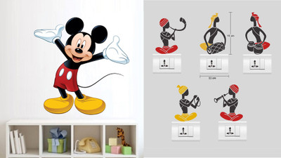 Walltech 15 cm cute mickey mouse With Free Folk Band Switch Board Sticker Self Adhesive Sticker(Pack of 2)
