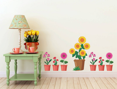 Wallzone 100 cm Colorful Flowers Pot Removable Sticker(Pack of 1)