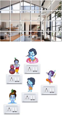 Walltech 45 cm Big Square 24 Silver Acrylic Wall Sticker With Krishna Self Adhesive Sticker(Pack of 1)