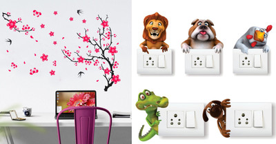 GharKraft 18 cm Different tree with flower With Free Animals Switch Board Sticker Self Adhesive Sticker(Pack of 6)