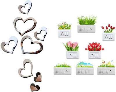 Walltech 45 cm Love Heart 2 Set Silver Acrylic Wall Sticker With Flowers Self Adhesive Sticker(Pack of 1)
