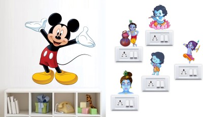 Walltech 12 cm cute mickey mouse With Free Krishna Switch Board Sticker Self Adhesive Sticker(Pack of 2)