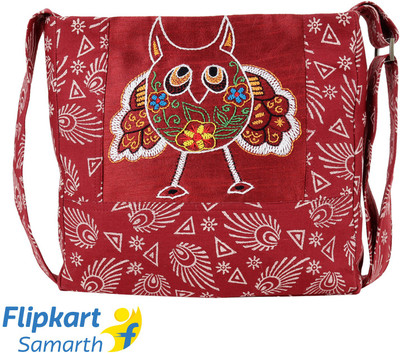 Indha Craft Hand Block Printed and Embroidered Owl Motif Sling Bag(Maroon, 10 inch)