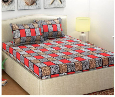 Panipat Textile Hub 160 TC Microfiber Double 3D Printed Fitted & Flat Bedsheet(Pack of 1, Red)