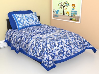 TANIKA 152 TC Cotton Single Printed Flat Bedsheet(Pack of 1, Blue, White)