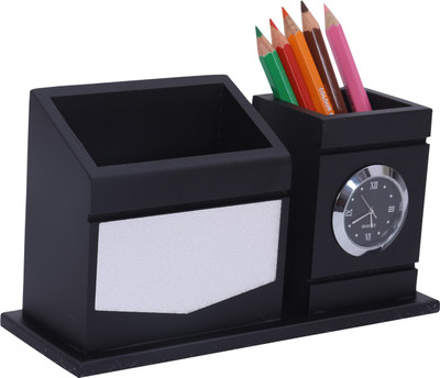 Shivom Crafts 2 Compartments MDF WOOD PEN STAND(Black, Silver)