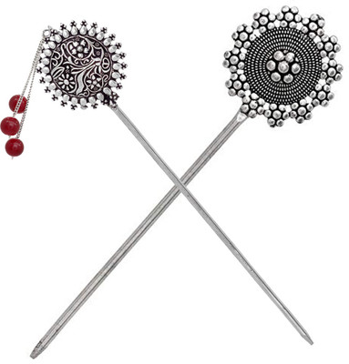 V L INTERNATIONAL Combo Artistique Immitation Oxidised Silver Metal Bunstick Bun Stick(Silver)