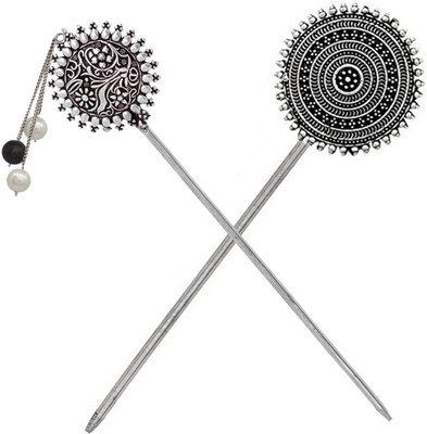 V L INTERNATIONAL Combo Of 2 Traditional Look Hair Sticks Pins for Women Girls Hair Bun Stick(Silver)