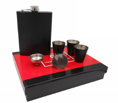 Protos India.Net 8oz Black Matt Hip Flask + 4 shot glasses + Funnel Bar set Stainless Steel Hip Flask(236 ml)