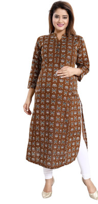 mamma's maternity Women Printed Straight Kurta(Brown)