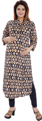 mamma's maternity Women Printed Straight Kurta(Black)