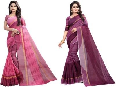 RUNAYA NX Striped Bollywood Cotton Blend Saree(Pack of 2, Maroon)