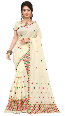Skiran's Embroidered Bollywood Cotton Blend Saree(Beige)