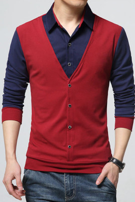 Try This Men Color Block Casual Dark Blue, Red Shirt