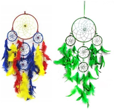 Vyne Combo (Pack Of 2) 5 Ring Multi With Blue Mix (Spider Man) & 5 Ring Green Color Dream Catcher Wall Hanging For Home/Office Cotton Dream Catcher(20 inch, Orange, Green)