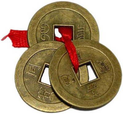 RADHEY Feng Shui Lucky Three Chinese Coins Tied in Red Ribbon for Wealth, Money & Bronze Yantra(Pack of 1)