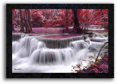Poster N Frames UV Textured Decorative Art Print of nature landscape scenery waterfall painting on paper with wooden synthetic frame Digital Reprint 14 inch x 20 inch Painting(With Frame)