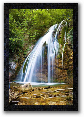Poster N Frames UV Textured Decorative Art Print of nature landscape scenery waterfall painting on paper with wooden synthetic frame Digital Reprint 20 inch x 14 inch Painting(With Frame)