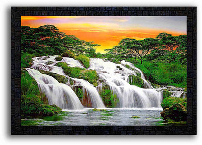 Poster N Frames UV Textured Decorative Art Print of nature landscape scenery waterfall painting on paper with wooden synthetic frame Digital Reprint 14 inch x 20 inch Painting(With Frame)
