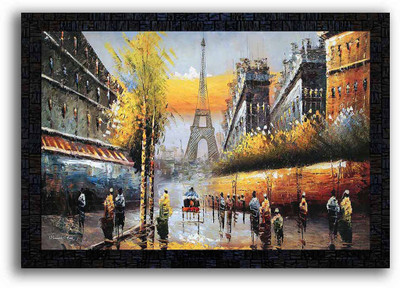Poster N Frames UV Textured Decorative Art Print of Eifel Tower Landscape Scenery painting on paper with wooden synthetic frame Digital Reprint 14 inch x 20 inch Painting(With Frame)