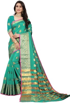 Kanooda Prints Self Design, Striped Bollywood Silk Blend Saree(Green)