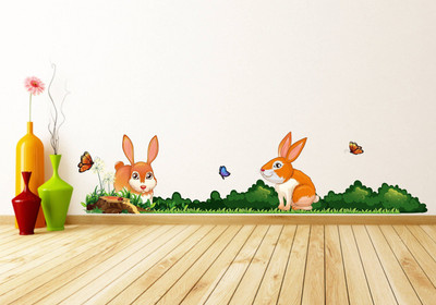 WALLSTICK 72 cm Rabbits in the Lawn (80 x 20 cm) Self Adhesive Sticker(Pack of 1)
