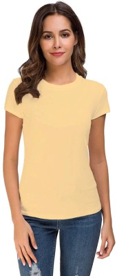 THE BLAZZE Solid Women Round Neck Gold T-Shirt