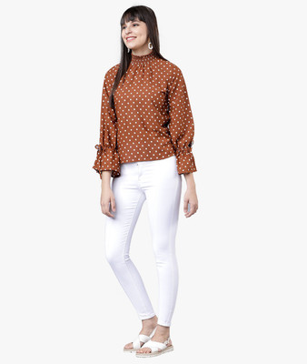 Tokyo Talkies Casual Bell Sleeve Printed Women Brown Top