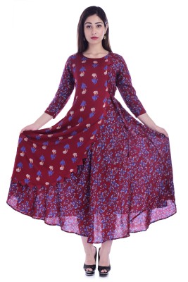 Styleee Women Printed Flared Kurta(Maroon)