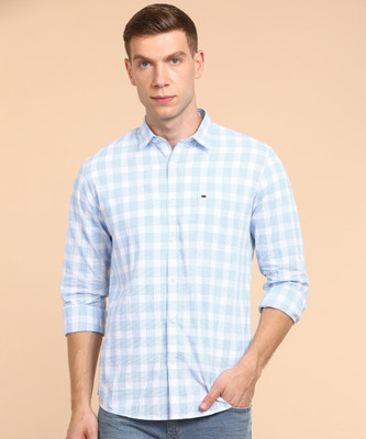 Peter England Men Checkered Casual Light Blue White Shirt