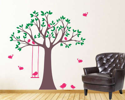 Wallzone 80 cm Colorfull Tree With Birds Removable Sticker(Pack of 1)