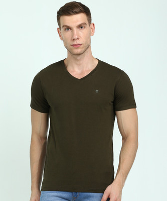 Wrangler Solid Men V Neck Dark Green T-Shirt