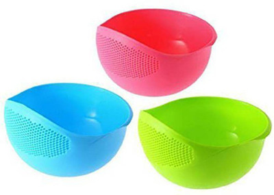 SKYCITY 3 pcs Multipurpose Plastic Rice Pulses Fruits Vegetable Noodles Pasta Washing Bowl & Strainer Washer and Colander Colander(Multicolor Pack of 3)