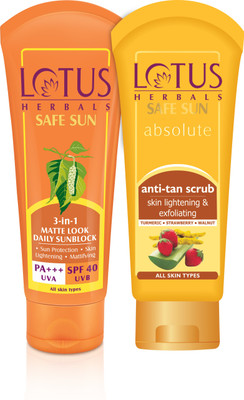 LOTUS HERBALS 3-In-1 Matte Look Daily Sunblock Spf 40 Cream 100 g and Anti-Tan Skin Lightening & Exfoliating Scrub 100 gm(2 Items in the set)