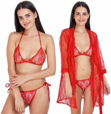 Fashion Count Women Robe and Lingerie Set(Red)