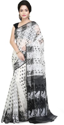 WoodenTant Woven Jamdani Cotton Silk Saree(White)