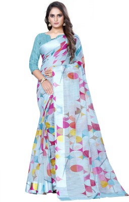 Ratnavati Printed Chanderi Silk Blend, Cotton Blend Saree(Light Blue)