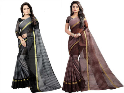 RUNAYA NX Striped Daily Wear Cotton Blend Saree(Pack of 2, Black, Grey)