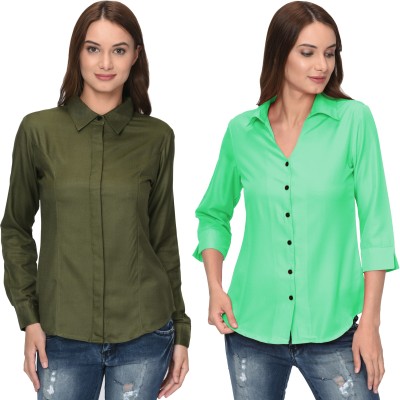 Thisbe Women Solid Casual Green, Light Green Shirt(Pack of 2)