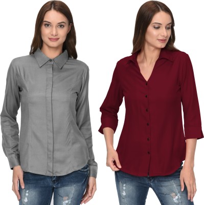 Thisbe Women Solid Casual Maroon, Grey Shirt(Pack of 2)